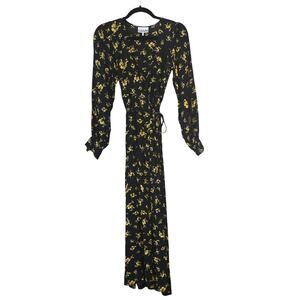 Ganni Black Yellow Floral Print Wrap Maxi Dress Size 34 Approx US 2